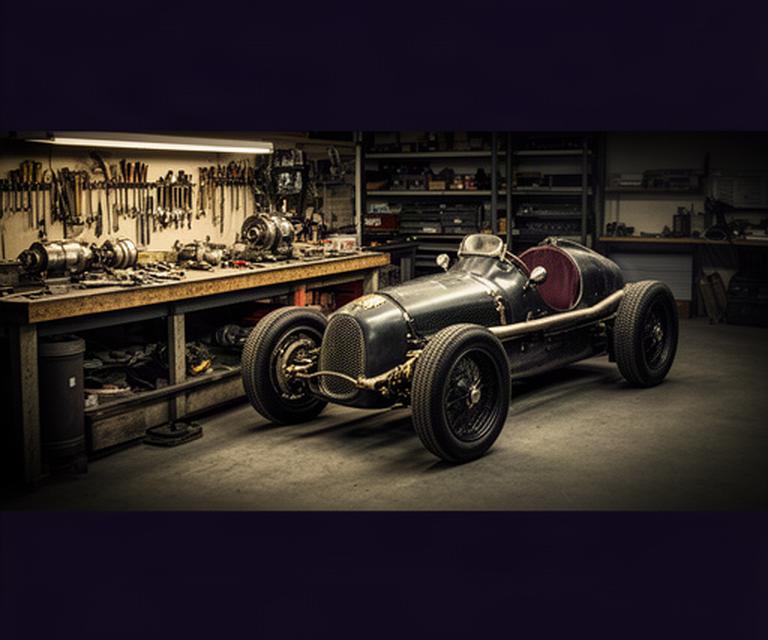Historische Grand Prix-auto in originele staat naast een technische werkbank in Zuid-Holland