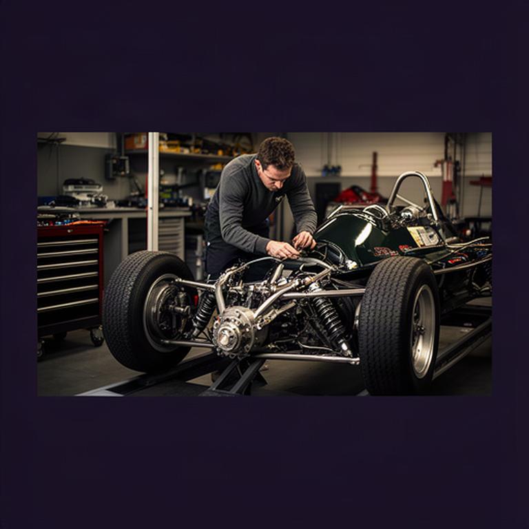 Monteur controleert de ophanging van een historische Grand Prix raceauto in een technische werkplaats