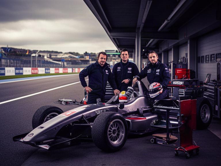 Technisch team naast een Grand Prix raceauto in de pitstraat tijdens een trackday